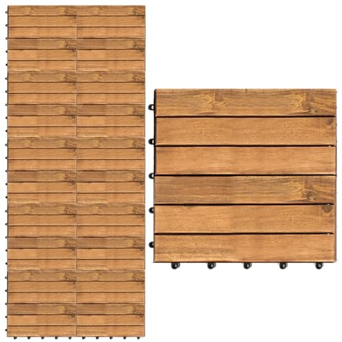 Hebitod Holzfliesen, 30x30cm 6 Latten Stil Balkonfliesen, 11 Fliesen für 1m² Terrassenfliesen Wetterfest aus Akazienholz, Bodenbelag Holzboden Klicksystem mit Drainage