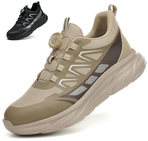 RASEARY Sicherheitsschuhe Arbeitsschuhe Herren Damen Bequem Stahlkappenschuhe Leicht Atmungsaktiv Industrielle Arbeitsschuhe mit Drehschnallen Schnürsenkeln,Khaki EU 36