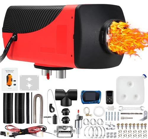 Chauffage Diesel Rouge 2KW/5KW/8KW 12V/24V Chauffage à Air Diesel avec Moniteur LCD, Télécommande, Réservoir 5L, Faible Bruit, Chauffage Rapide pour Camping-Cars, Camion, Remorque, RV, Bateau, Gara