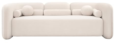MY Furniture Munich Chalk Three Seat Sofa/Contemporary Designer Setee with Soft Off-White, Ivory Coloured Fabric and Curved Organic Shape/Supplied with Round Ball Cushions