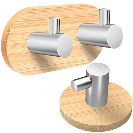 Jesustree Ganchos Adhesivos, 304 Acero Inoxidable y Ganchos de Bambú del Robe, Toallero Perchero Pared de Cocina Baño, Toallas De Cocina Baños Lavatorios Armarios Individual Gancho (2 Piezas)