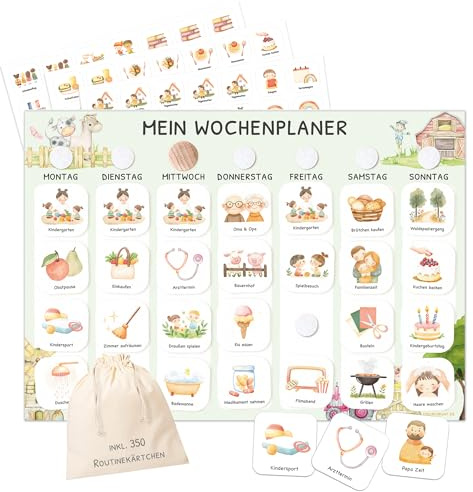 JEKA Wochenplaner Kinder mit Klettpunkten A4-Format, Montessori Tagesplan mit 350 Routinekarten – visueller Routineplaner für Kinder, Familienplaner für mehr Struktur im Alltag (Bauernhof)