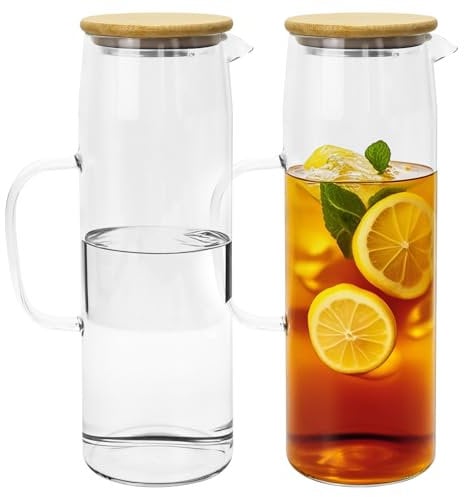 2 Pack Glass Pitchers with Lid and Handle, 1.5L Clear Water Pitcher Glass Carafe with Spout for Fridge, Iced Tea Pitcher for Drinks Cold and Hot, Easy Clean Juice Jug, BPA Free, Heat Resistant