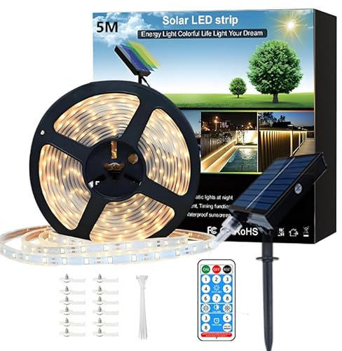 Meewata Bande lumineuse solaire d'extérieur étanche 5 m 300 LED à intensité variable avec télécommande et 8 modes - Bandes lumineuses LED coupables pour terrasse, balcon, terrasse - Blanc chaud