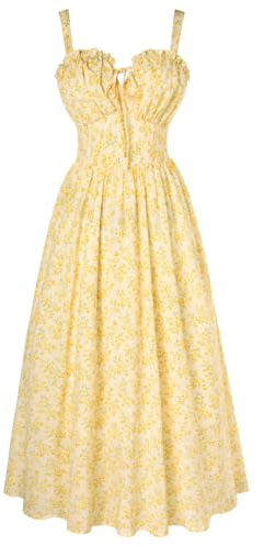 SCARLET DARKNESS Sommerkleid Damen Lang Strandkleid Beige-Gelb Blumen Ärmellos Elegant Spaghettiträger Kleid mit Taschen L