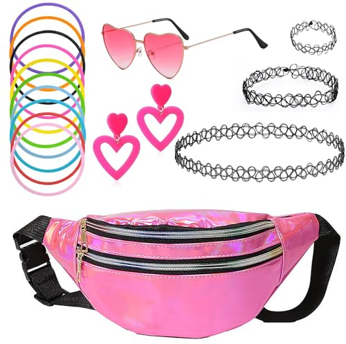 90er Jahre Outfit Damen, 17 Pcs 90er Jahre Accessoires mit Rose Red Bauchtasche Damen Herzbrille Rosa Tattoo Kette 90s Handgelenkband Ohrringe für Malle Accessoires Festival Party Outfit Dame