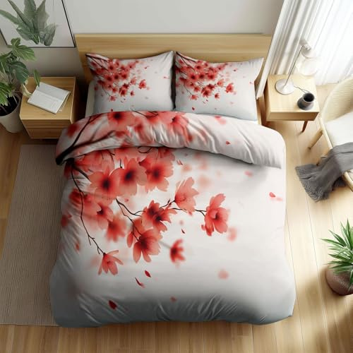 Fleurs de cerisier japonais Housse de Couette 280 x 240 cm Moderne Parure de Lit Hommes Femmes Enfants Style japonais Ukiyo-E Parure de Lit décoration de Chambre Ensemble de Literie Percale 3 pièces