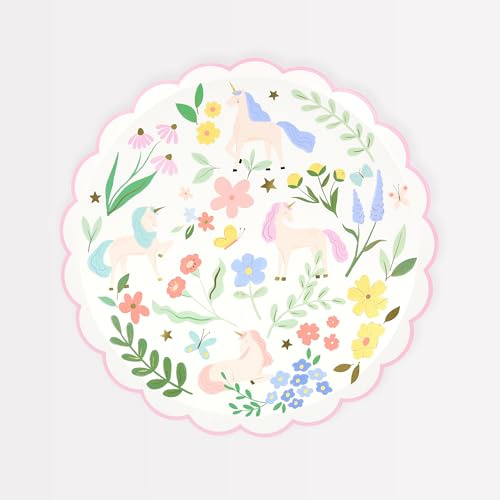 Meri Meri Lot de 8 assiettes de fête jetables en papier licorne Meadow pour anniversaire et fête de princesse, aliments chauds et froids, adultes et enfants