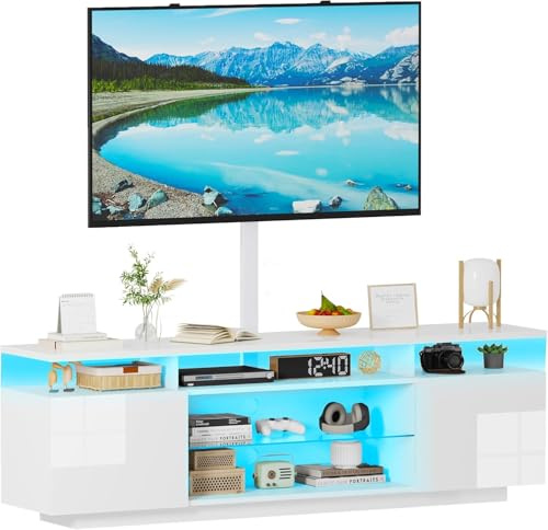 High Gloss TV Stand Cabinet with Bracket, 160cm TV Cabinet with RGB LED lights and Glass Shelf, Height Adjustable Modern Entertainment Center up to 70 inch Tv, 2 Storage Doors, White (160cm White)