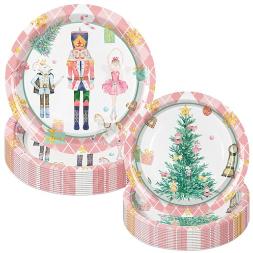 JarThenaAMCS 50 Pcs Christmas Paper Plates Pink Plaid Nutcracker Disposable Dinner Plates 9 & 7 for Xmas Winter Party Tableware Supplies