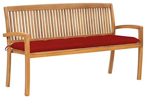Frdhee Gartenbank Außen Balkonbank, Stapelbare Gartenbank mit Auflage 159 cm Massivholz Teak, Wetterfest, Pflegeleicht