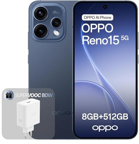 OPPO Reno15 5G Unlocked Smartphone, 8+512GB, 3.5X Telefoto Vibe Portrait, 6.59 120Hz AMOLED HDR10+ Display, 6500mAh Akku, Snapdragon 7 Gen 4, IP69, Twilight Black (Inkl. 80W SUPERVOOC Ladegerät) ZZ