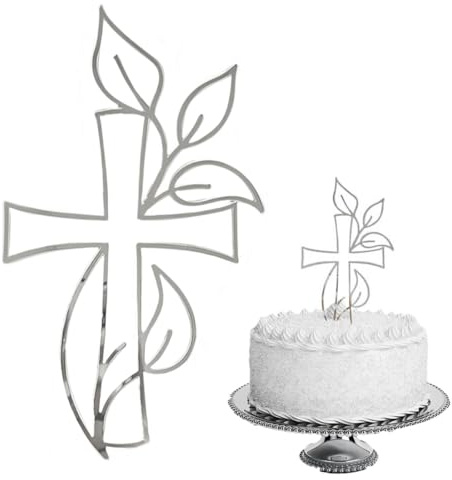 Luxorium 1 Stück Tortendeko Kreuz Silber für Kommunion Konfirmation Taufe Acryl Cake Topper mit Blätter Motiv elegante Kuchendeko für Torte