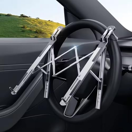 Foldable Car Laptop Mount, Ventilated Cooling Computer Notebook Stand Computer Stand, Adjustable Laptop Stand with 5-Level Height, Car Laptop Mount Steering Wheel Tray Holder for Car, Desk (Silver)