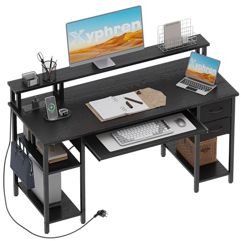 Xyphren Escritorio con 2 cajones, Estante Lateral Ajustable en Altura, Soporte Monitor, Enchufe y Bandeja Teclado, Escritorio Gaming para Home Office, Oficina y salón,140x50cm, Negro