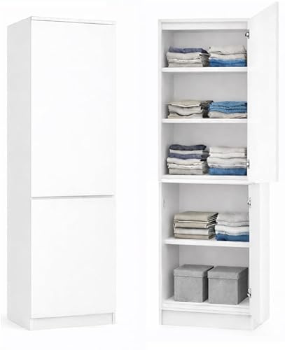 BDW - Schmaler Schrank - Kleiderschrank 50 cm breit, 180,5 cm hoch - Aufbewahrungsschrank 2 türig, Allzweckschrank für Schlafzimmer, Flur, Kinderzimmer, Jugendzimmer - Miki Weiß