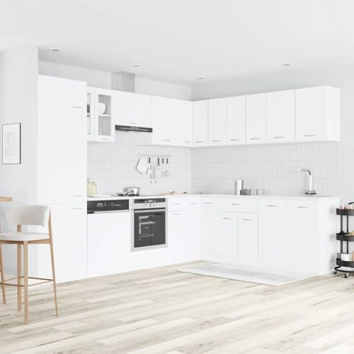 Kaloriko 14-TLG. Küchenzeile Lyon Weiß Holzwerkstoff mit Hängeschränken, Unterschränken, Spülmaschinenblende und viel Stauraum für Küche und Keller