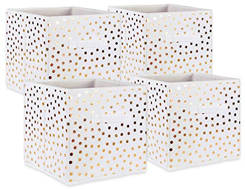 DII Non Woven Storage Collection Polka Dot Collapsible Bin Small Set, 11x11x11 Cube, White with Gold Dots, 4 Piece
