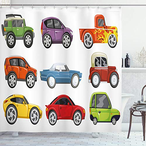 Boy 's Room Vorhang für die Dusche von lunarable, Race Cars Monster Truck Classics Urban Jeep Artistic Speed Autos Print, Stoff Badezimmer Decor Set mit Haken, multicolor, Textil, Multi 1, 69W x 75L