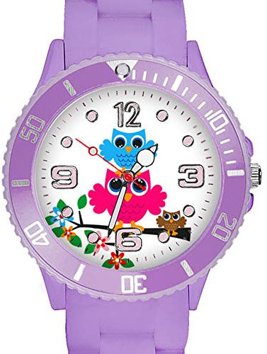 Taffstyle Kinder Armbanduhr Silikon Sportuhr Bunte Sport Uhr mit Blumen Eulen Familie Motiv Analog Quartz Small 39 mm Flieder