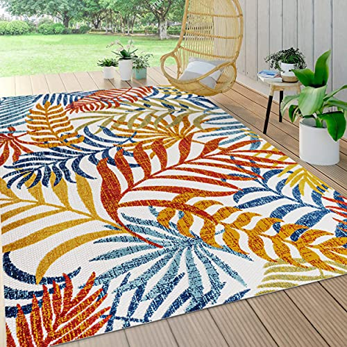 JONATHAN Y AMC100B-5 Tropische Palmenblätter Indoor Outdoor Teppich Bohemian Floral, leicht zu reinigen, Schlafzimmer, Küche, Hof, Terrasse, Veranda, Nicht fusselnd, 150 cm x 240 cm, Creme/Orange