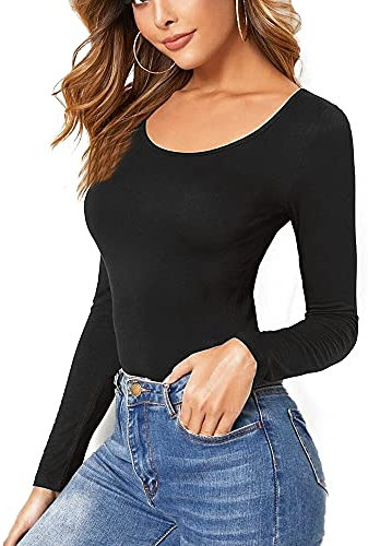 Women Ladies Long Sleeve Round Neck Plain Top Stretchy Casual T Shirts Basic Slim fit Tee Tops 12-14 - Black