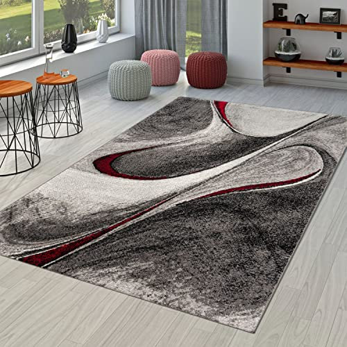 TT Home Wohnzimmer Teppich Kurzflor Abstrakt Geometrisch Design Used Look Modern, Farbe: Grau Rot Anthrazit, Größe:200x290 cm