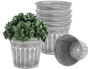 vensovo 5 Inch Galvanized Planters for Outdoor Plants - 6Pcs Silver Metal Rustic Flower Plant Pots with Drain Hole and Rubber Stopper, Rustproof Metal Bucket Planters Vintage Style for Indoor Decor