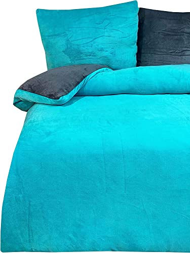 one-home Winter Bettwäsche 240x220 cm Teddy Plüsch Uni Petrol warm Fleece Doppelbett