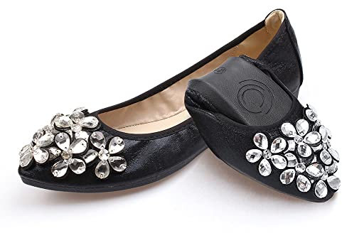 Women's Ballet Flats Foldable Casual Sparkly Rhinestone Wedding Ballerina Shoes Comfort Slip on Walking Flat Shoes