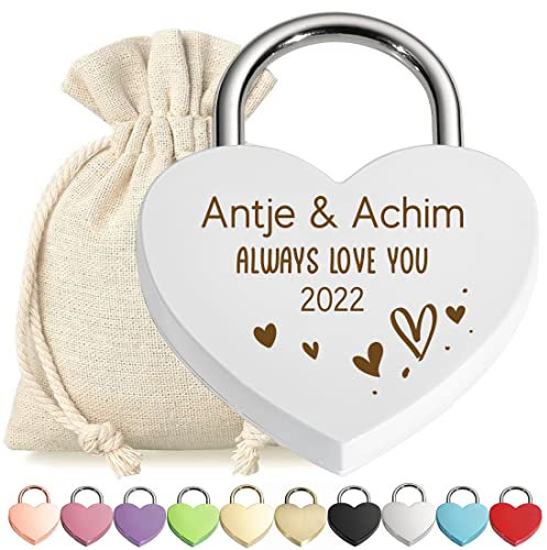 Herz-Schloss Liebesschloss Vorhängeschloss personalisierte Gravur Weiß - Motiv Always Love You - mit Schlüssel - Stoffbeutel - Metall eloxiert - Valentinstag - Paar-Geschenk - Love, Liebe