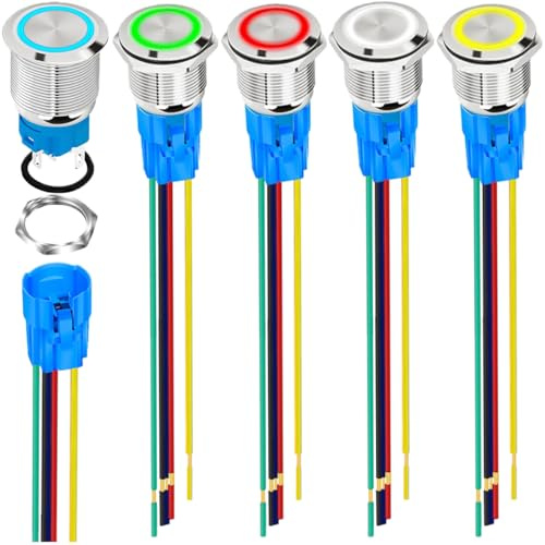 MKBKLLJY 5 Stück 16mm Momentan Druckknopf Schalter Silber Gehäuse IP65 Wasserdicht Zurücksetzen DC 12V24V 5A 1NO 1Normalerweise für Auto Boot mit Draht Buchse Stecker mit LED(Rot/Blau/Grün/Gelb/Weiß)