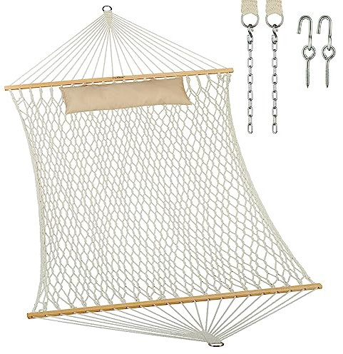 JoyView Traditionelle Doppel-Hängematte aus Seil, handgewebte Baumwoll-Hängematte mit Hartholz-Spreizstange und Kissen, 204 kg Kapazität, 2 Personen für den Innen- und Außenbereich, Terrasse, Hof