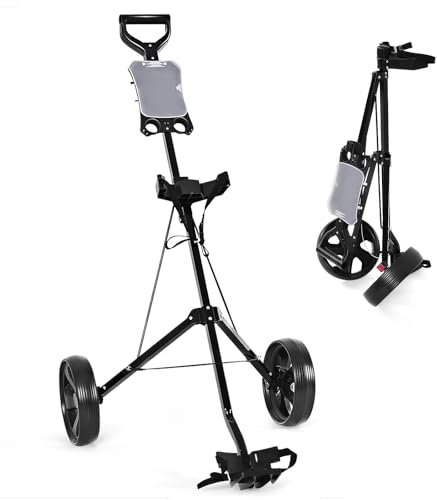 GYMAX Golfwagen mit 2 Rädern, leicht, zusammenklappbar, mit Anzeigetafel, Stahl-Golf-Push-Pull-Wagen