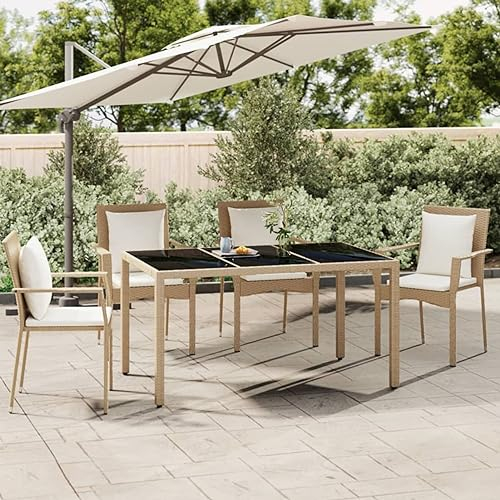 LAPOOH Gartentisch mit Glasplatte, Balkontisch, Terrassen Tisch, Terrassentisch, Garten Esstisch, Gartentisch, Gartenesstisch, Gartenmöbel, Beige Poly Rattan & Hartglas