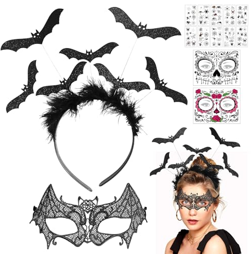Leonshco 14 Stück Halloween Kostüm Zubehör mit Feder Fledermaus Halloween Haarreif Venezianischen Masquerade Maske Temporären Tattoo-Aufklebern Vampir Haarreifen Fasching Karneval Party Dekoration