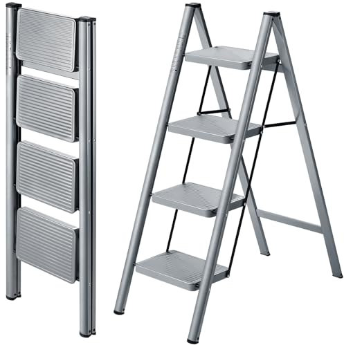 XinSunho 4 Step Ladder, Folding Step Stool with Anti-Slip Wide Pedal, Portable Sturdy Steel Ladder 4 Steps, 330lbs Safety Kitchen & Household Ladder