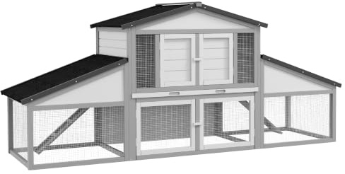 PawHut Large Rabbit Hutch with Run, Outdoor Bunny Cage Tray, Light Grey | Ramp, Wooden Guinea Pig House