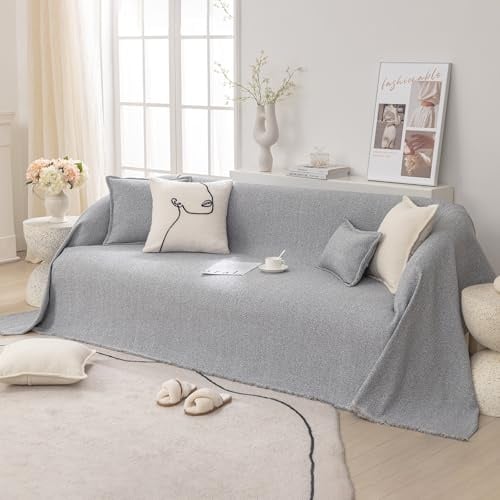 VanderHOME Verdickter Sofabezug, 1/2/3/4 Sitzer Gemischter Hanf Sofa Überzug, L-Shape Sofabezug, Rutschfester Couch Bezug, Geeignet Für Haustiere Und Kinder 180 * 400cm-Hellgrau