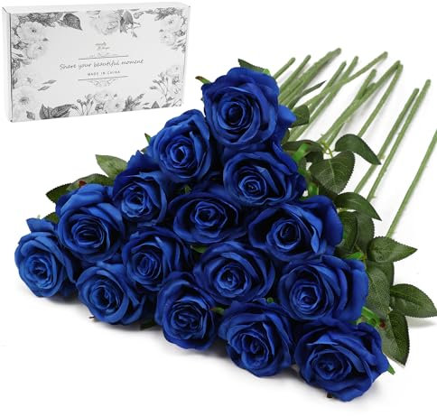 Tifuly Blue Fake Roses Artificial Flowers - 16 Pcs Fake Artificial Blue Roses Silk Flowers with Stems for Home Wedding Hotel Office Centerpiece Decor