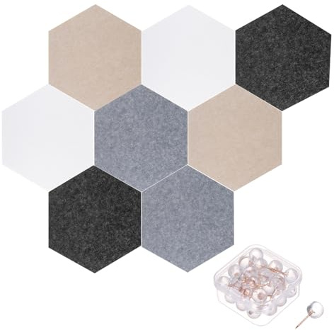 PATIKIL Filz Pinnwand 8 Stück 28x24cm Sechseckige, Weiß/Braun/Grau/Schwarz | Selbstklebend Akustikpaneele mit 30 Pinnnadeln Akustikplatten, Wanddekoration Tür Büro Aufnahmestudio