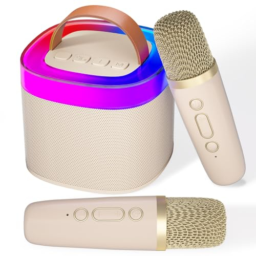 𝙞𝙙𝙚́𝙚 𝙙𝙚 𝙘𝙖𝙙𝙚𝙖𝙪 Machine de karaoké Portable Bluetooth avec 2 Microphones, micros et lumières LED de fête, Cadeaux pour Amis, Beige