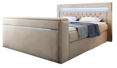 Luxusbetten24 Boxspringbett Jupiter 180x200 Doppelbett Polsterbett Bett mit TV Lift, RGB-Beleuchtung und Stauraum | Bezug: Samt | Farbe: Beige | Härtegrad: H4 (100kg+)