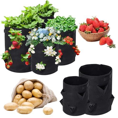 UBETTER Erdbeeren Pflanzsack, 4Pcs Pflanzer mit 8 Seite Pflanztaschen für Erdbeere Pflanzung, Garten, Kräuter, Blumen(5-Gallone&10-Gallone