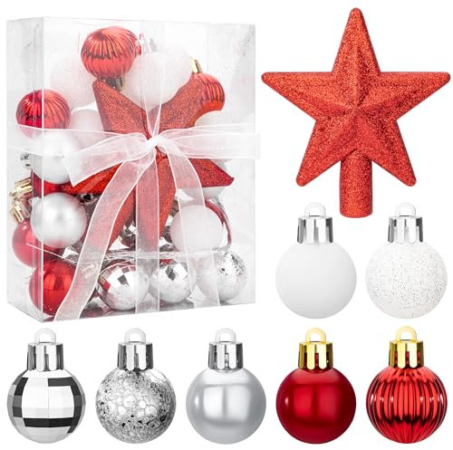 Palline di Natale, 30 Pezzi Mini Palle Decorazioni per Albero di Natale, Ornamento in Plastica Addobbi Natalizi, Decorative per Feste di Matrimoni (Rosso Bianco Argento)