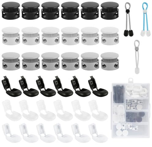JIANGZHIB 36 Stück Kordelstopper Metall 2 Loch, Ø 4 mm Schnürsenkel Verschluss, Federschnurschlösser, Loch und Kordelenden Für Kleidungsstücke, Rucksäcke, Schnürsenkel (Schwarz Weiß Grau)