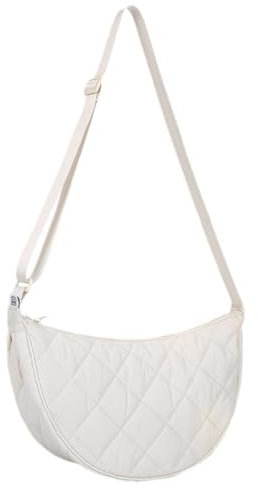 Halbmond Crossbody Bag Damen Umhängetasche Mittelgroß Nylon Gesteppte Tasche Damen Puffer Bag Hobo Shopper Tasche Schultertasche mit Verstellbarem Schultergurt für Uni Arbeit Reisen Alltag (Weiß)