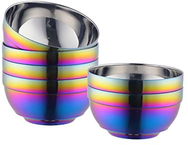 Buyer Star 304 Edelstahl Schüssel Set of 6, 5,1 Zoll doppelwandige Wärmeisolierung Anti-Scalding Küche Suppe Schalen, Tropfen Widerstand Salat Schüssel Set zum Mischen (Regenbogen Farbe, 500ml)