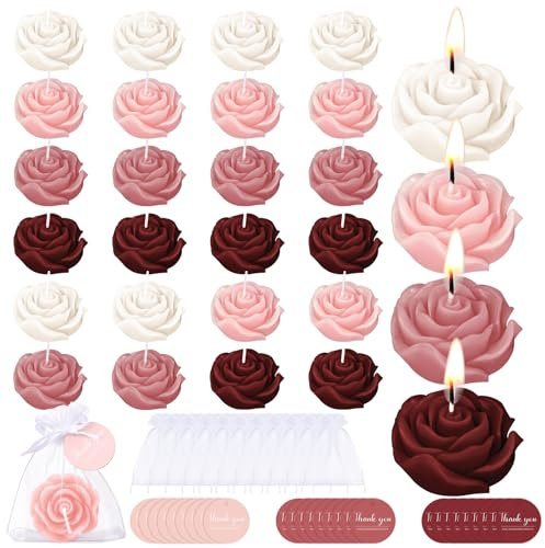 Treela 24 Setflower-Kerzen, Gastgeschenk für Gäste, Mini-Teelichter, Burgunderrot, Rosenform, für Rückgabe, Geschenk, Hochzeit, Geburtstag, Brautparty, Einweihungsparty