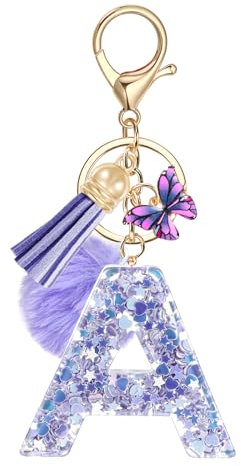 JSRQT Porte-clés Violet Personnalisé avec Lettre Initiale A - Cadeaux pour Fille ou Femme - Lettre en Résine, Charmes en Résine avec Pampille Papillon
